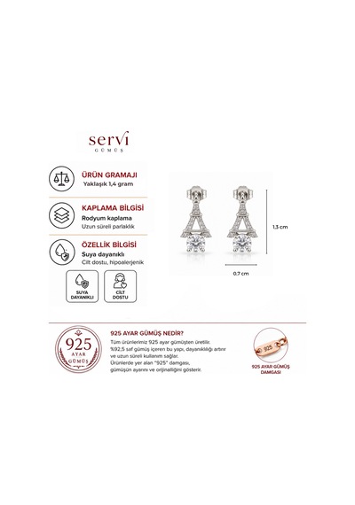 Servi 925 Ayar Gümüş Eyfel Kulesi Figürlü Tektaşlı Küpe-533