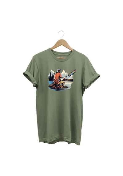 Fishing Balıkçılık Baskılı Olta Ile Alabalık Avı %100 Pamuk Regular Fit Haki T-shirt Haki