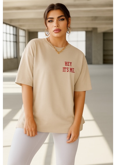 Hey It's Me Baskılı Oversize T-shirt Bej