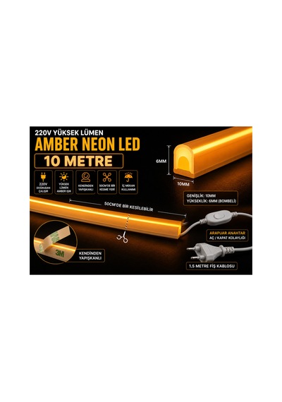 25 Metre Amber 220v Neon Led Şerit ,tak Çalıştır Set, Fişli Anahtarlı Esnek Şerit Led, ,turuncu Led,mutfak,tezgah Ledi,led Şerit Işık ,ambiyans Işık Havuzu, Kendinden Yapışkanlı,kehribar Led