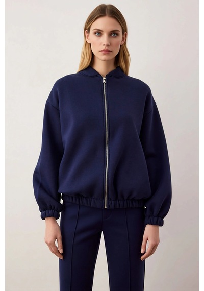 Benerly Kadın Bisiklet Yaka Düşük Kol Fermuarlı Oversize Kalın Örme Sweat Lacivert