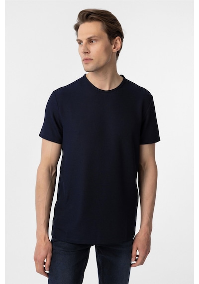 Süvari Lacivert Slim Fit Armürlü Bisiklet Yaka Tişört-37379 Lacivert