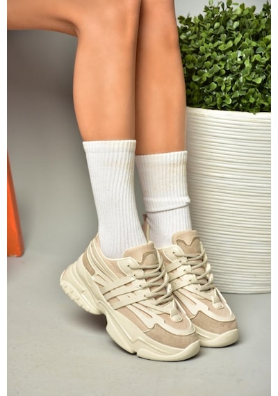 Fox Shoes S973602404 Bej Kumaş Kalın Tabanlı Spor Ayakkabı Sneakers Bej
