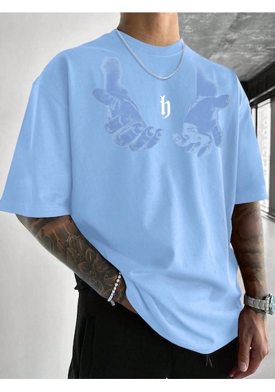 Erkek El Baskı Oversize Bebe Mavi Baskılı T-shirt - Bisiklet Yaka Kısa Kol Rahat Kalıp Tişört Bebe Mavi Erkek El Baskı Oversize Bebe Mavi Baskılı T-shirt - Bisiklet Yaka Kısa Kol Rahat Kalıp Tişört Bebe Mavi
