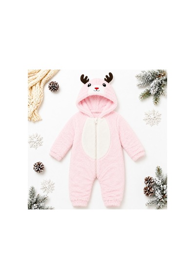 Tatlı Geyik Desenli Welsoft Bebek Tulumu Kapüşonlu Peluş Fermuarlı Kışlık Unisex Bebek Tulumu Pembe