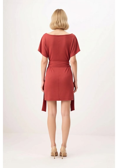 Benerly Kadın Kısa Kollu Asimetrik Yaka Bağlamalı Bodycon Mini Elbise Vis Kiremit