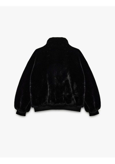 Koton Fermuarlı Dik Yaka Cepli Suni Kürk Peluş Oversize Crop Mont Siyah 6wak00004ew Siyah