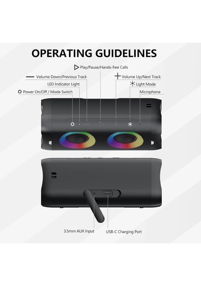Işıklı Bluetooth Hoparlör, 30w Stereo Ses, Bass Boost, Ipx5 Su Geçirmez, 20h Çalma Süresi, Dahili Mikrofonlu Taş