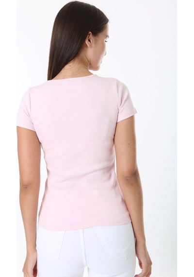 Rooted-kadın Basic V Yaka T-shirt ,fitilli Kaşkorse Kumaş Bluz Pembe