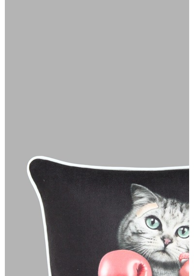 Kırlent Kılıfı Boksör Kedi Desenli 45x45 Raşel Örme Kadife Çift Taraflı Dijital Baskı Beyaz Biyeli Çok Renkli