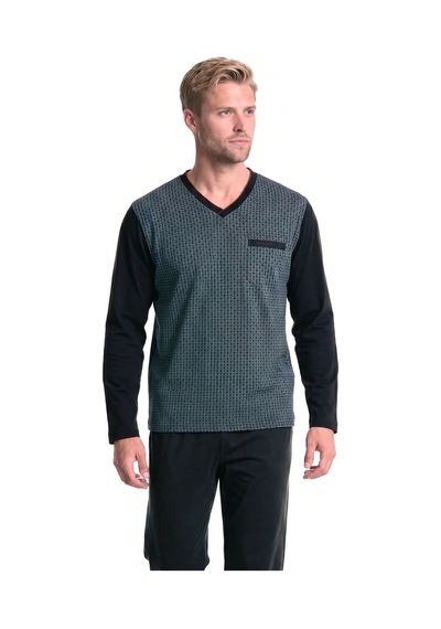 Pierre Cardin 6143 Erkek Uzun Kollu V Yaka Jakarlı Pijama Takımı-siyah