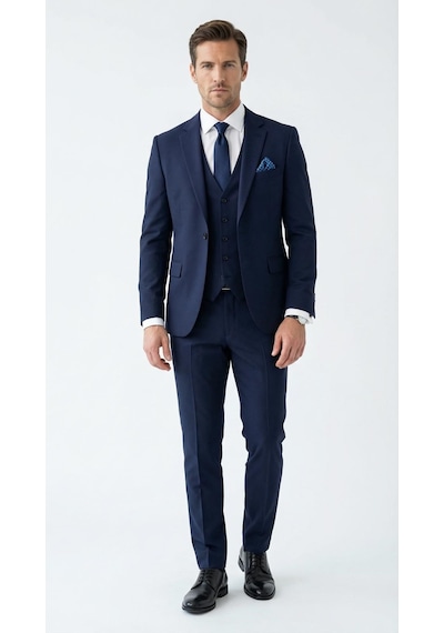 Erkek 3 Parça Slim Fit Takım Elbise Klasik Likralı Kumaş, Tek Düğme, Çift Yırtmaçlı Modern Kesim Ceket Yelek Pantolon Lacivert
