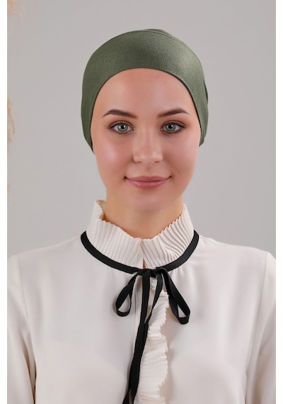 Melodi Scarf Tesettür Geçmeli Bağcıklı Viskon Likralı Bone Haki Haki