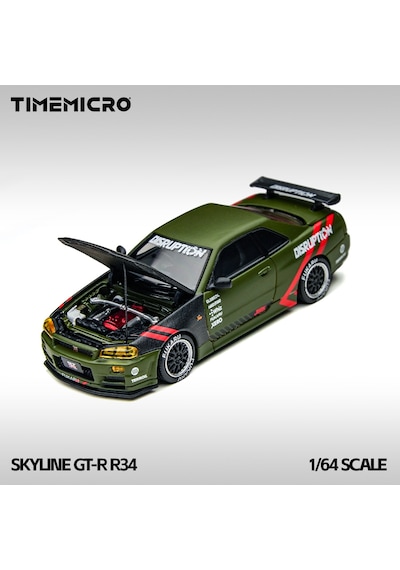 Timemicro 1:64 Nissan Skyline Gt-r R34 Matte Green Disruption Kaput Bagaj Açılır Tm646317 Yeşil