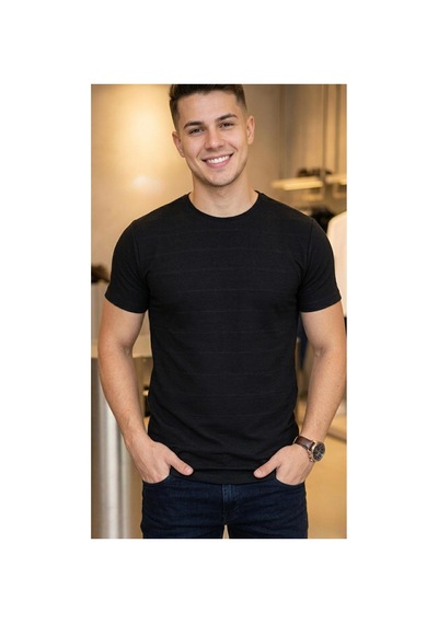 Regata Çizgi Desenli Bisiklet Yaka Regular Fit Örme İnce Triko Erkek T-shirt Siyah