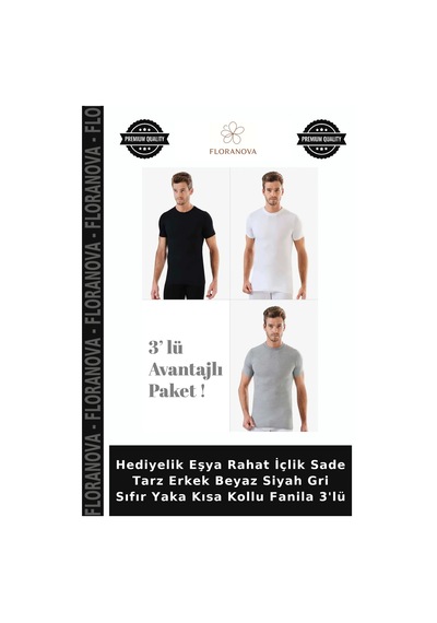 Floranova Hediyelik Eşya Rahat İçlik Sade Tarz Erkek Beyaz Siyah Gri Sıfır Yaka Kısa Kollu Fanila 3'lü Çok Renkli