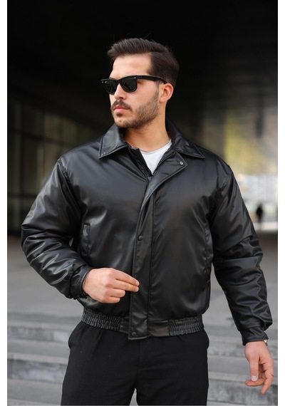 Unisex Oversize Deri Dolgulu Ceket/mont Siyah Deri Kapitone