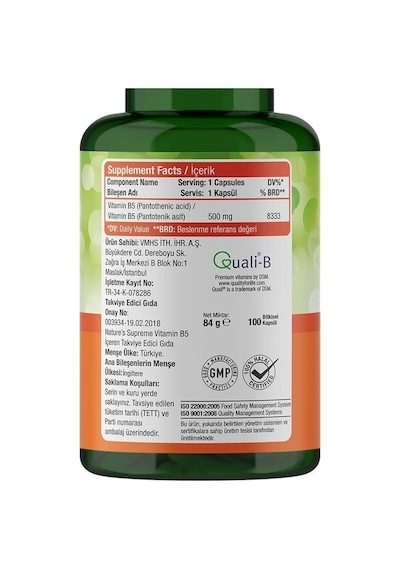 Natures Supreme Vitamin B5 500 Mg 100 Kapsül Aromasiz