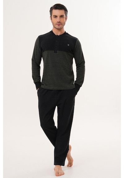 Mecit Pijama Mecit 2999 Yeşil-siyah Selanik Kumaş Kışlık Erkek Pijama Takımı Siyah