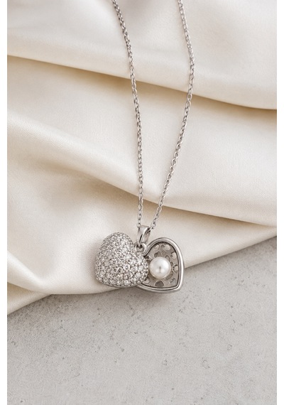 316l Paslanmaz Çelik Taşlı Açılır Kalp Kolye İnci Görünümlü Boncuk Detaylı, Gümüş Renk, 40+5 Cm Renkli