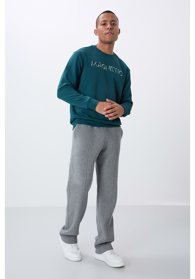 Tommy Life Zümrüt Yazı Nakışlı O Yaka Rahat Form İçi Polarlı Erkek Sweatshirt - 88020 Zümrüt