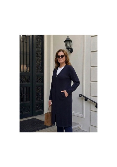 Onno Style Women V Yaka Çelik Örgü Uzun Triko Ceket Lacivert