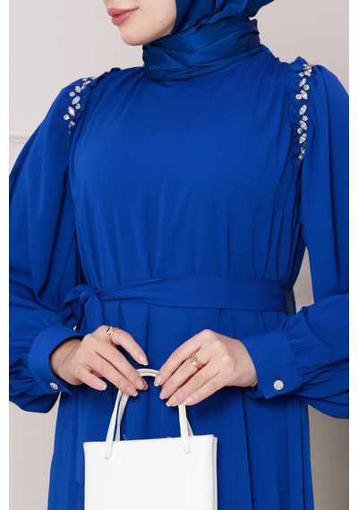 Sevitli Omuzu Taş Detaylı Rose Elbise-saks Mavi-4772 Saks Mavi