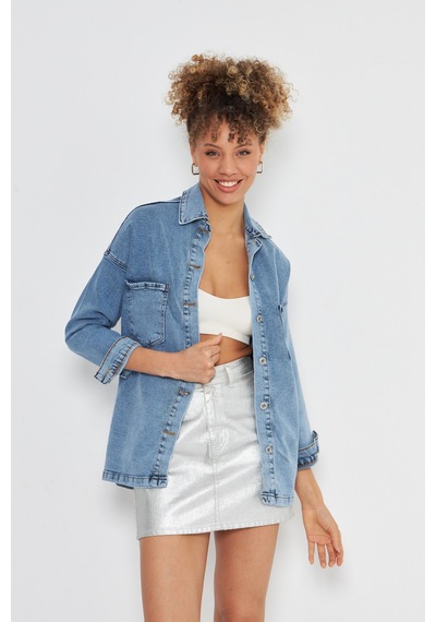 Kutaf Buz Mavi Çift Cep Detaylı Tam Kalıp Denim Gömlek Bebe Mavi