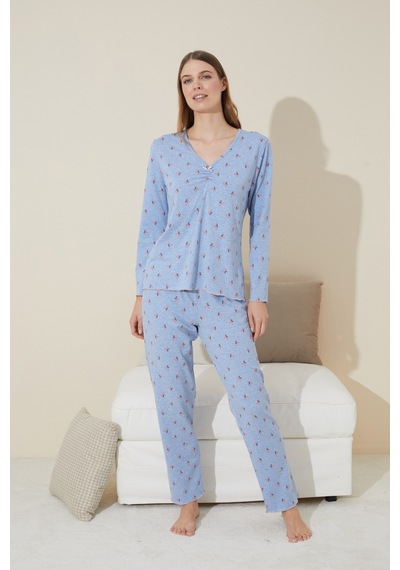 Siyah İnci Pamuklu Örme Pijama Takım 24240117 mavi