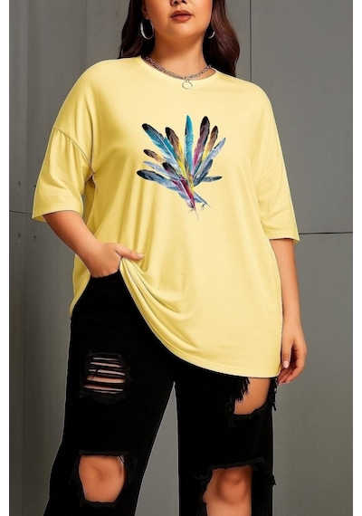 Benroma Büyük Beden Renkli Kuş Tüyü Baskılı Unisex Tişört Sarı2