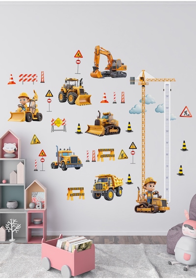 İş Makinası Temalı Boy Ölçerli Duvar Sticker Seti - Mat, Sökülebilir, Çocuk Odası Dekoru 01