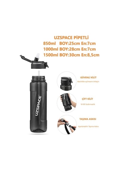 Uzspace Fiftyfifty Pipetli Mega Boy 1500Ml Tritan Su Matarası