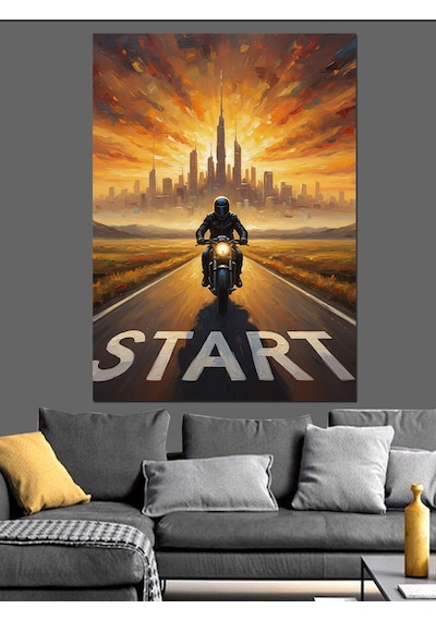 Ahşap Tablo Yolda Motosiklet Sürücüsü Start