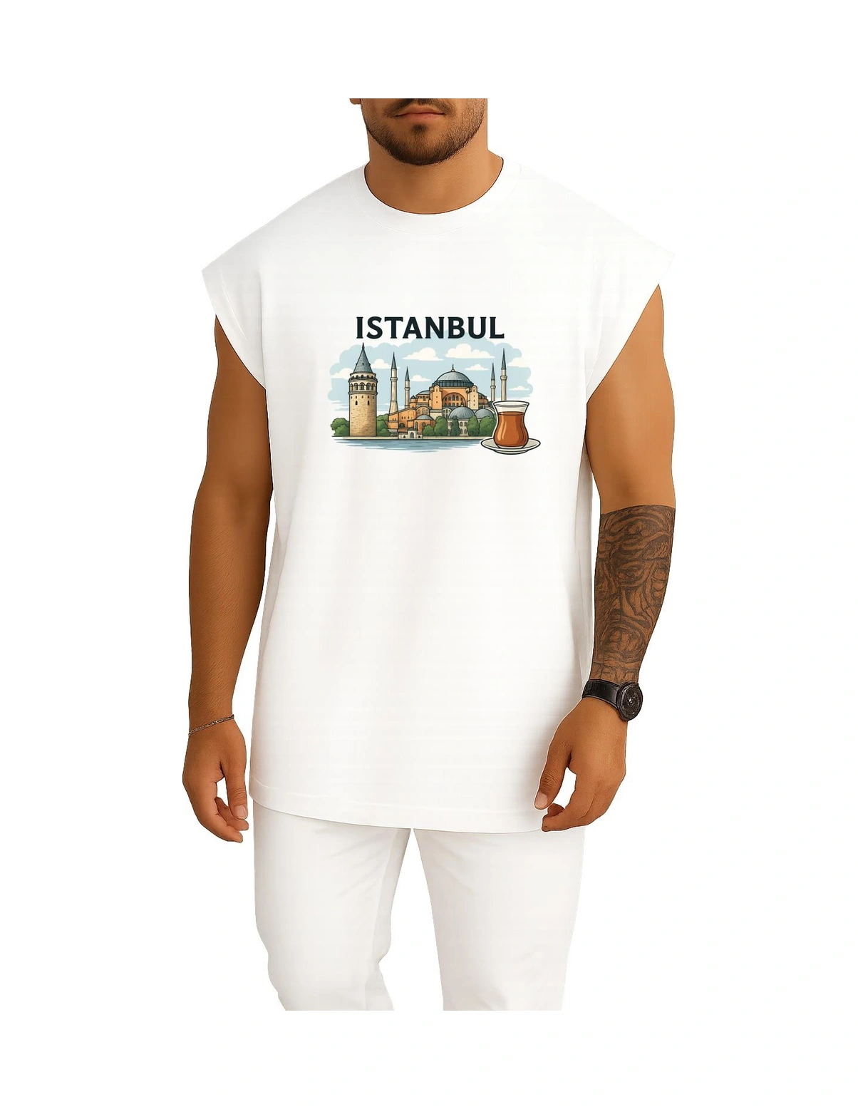 Bahriyeli Collection Oversize İstanbul - Ayasofya Camii Ve Çay Göğüs Tasarımlı Atlet Beyaz