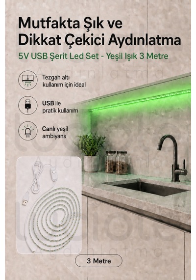 3 Metre 5v Usb Yeşil Şerit Led Aç Kapa Anahtarlı Gaming Tv Masa Raf Powerbank Dekoratif Işık