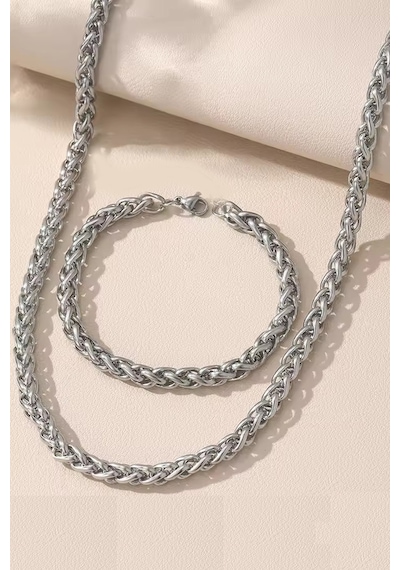 Spor Tilki Kuyruğu Erkek Çelik Zincir Kolye Ve Bileklik Set 4mm K60s Metalik Gri