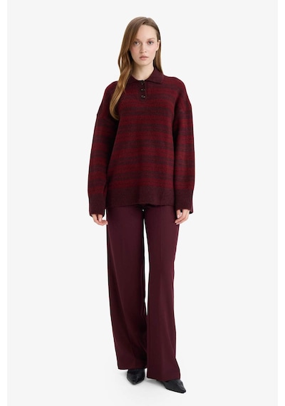 Defacto Loose Fit Polo Yaka Çizgili Triko Kazak Tunik G7240ax25cwbr452 Bordo-br452