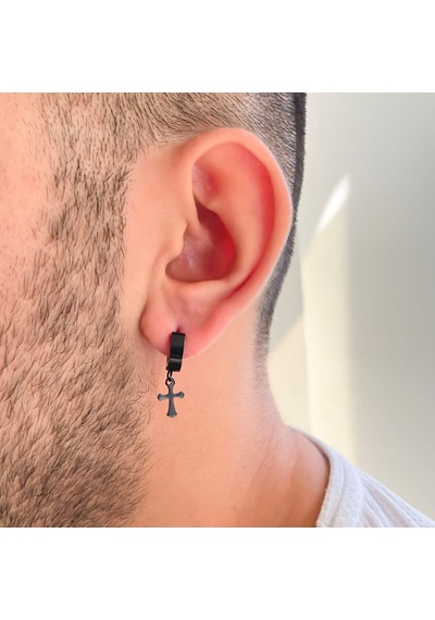Çelik Halka Küpe Siyah Haç Model Sallantılı Küpe Unk-695 Siyah