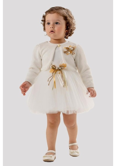 Mnk Baby & Kids Triko Bolerolu Kız Bebek Elbise M00770 Krem