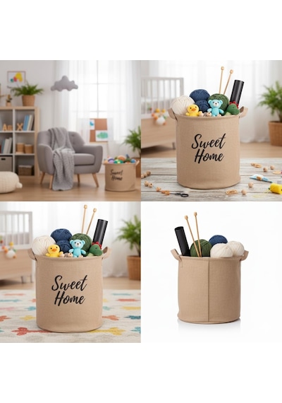 Lexroo "sweet Home" Yuvarlak Jüt Düzenleyici Sepet Krem Renk Katlanabilir Kumaş Kulplu Organizer