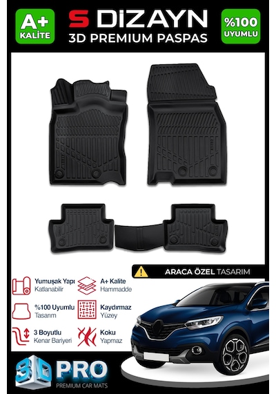 S-dizayn Renault Kadjar 3d Pro Havuzlu Paspas 2015 Üzeri A+ Kalite