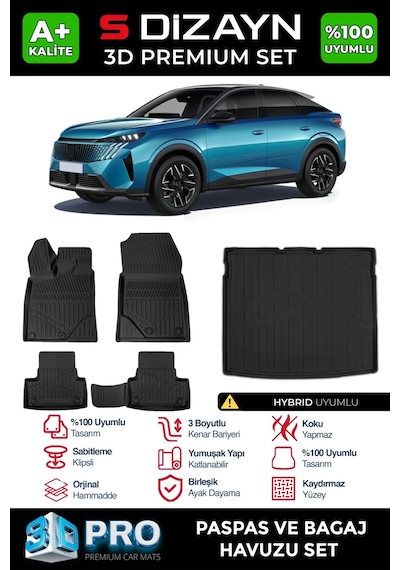 S-dizayn Peugeot 3008 Hybrid 3d Pro Havuzlu Paspas Ve Bagaj Havuzu Seti 2'li Set 2024 Üzeri A+ Kal