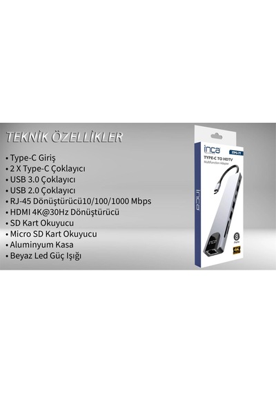 Inca Itpc-7t Type-c Giriş 2xtype-c Çoklayıcı Rj-45 Hdmı 4k 30 Usb 3.0 Çoklayıcı Micro Sd Kart