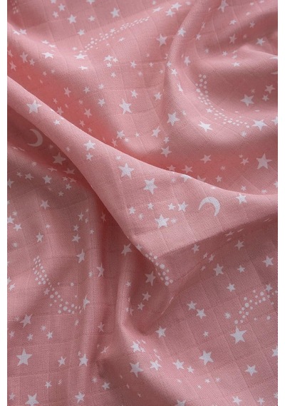 Müslin Bezi Örtü Yıldız Desen - Pembe 120x120 Cm + 4 Adet Ağız Mendili