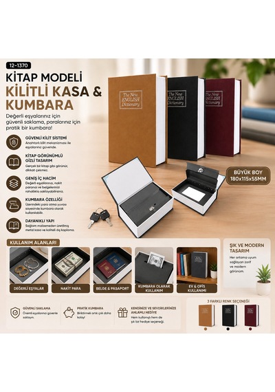 Büyük 180x115x55mm Kitap Modeli Kilitli Kasa - Kumbara Renkli Belirtilmemiş