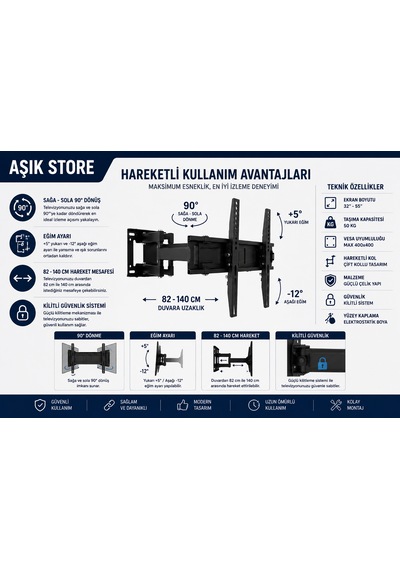 Hareketli Tv Askı Aparatı 32 55" Vesa 400 400 50 Kg