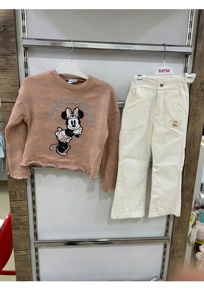 Kız Çocuk Minnie Baskılı Kazak Ve Pantolunlu Takım Çok Renkli