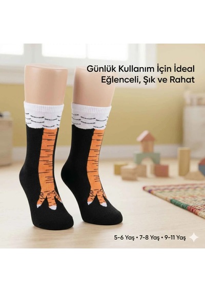 Womanandkids Wak Tavuk Desenli Çocuk Çorap Siyah Turuncu Eğlenceli Hayvan Figürlü Yumuşak Dokulu Günlük Çorap