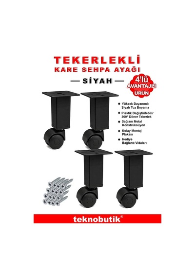 4 Adet 15cm Boy Siyah Kare Plastik Tekerlekli Mobilya Sehpa Ayağı Beyaz