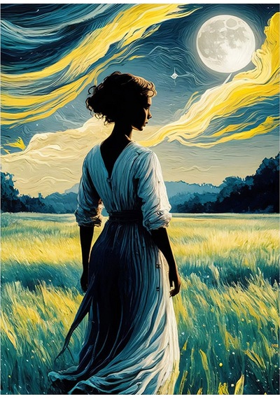 Tarlada Kadın Ve Ay Van Gogh Desenli Mdf Tablo 35cm X50cm
